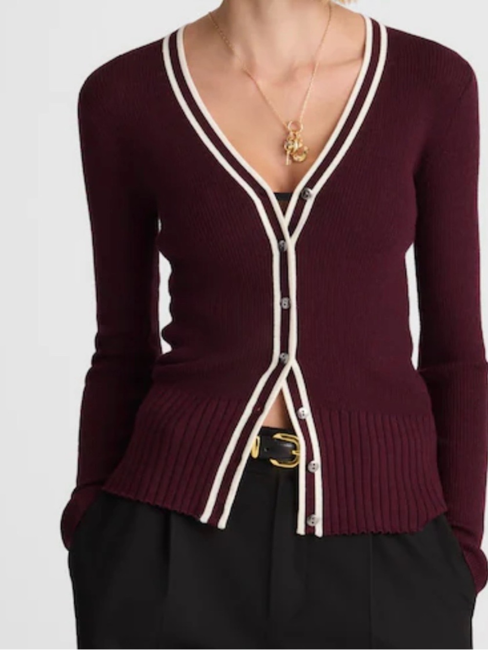 Madewell Merino Wool Blend Cardigan Sweater Burgundy Cream Trim Preppy Medium